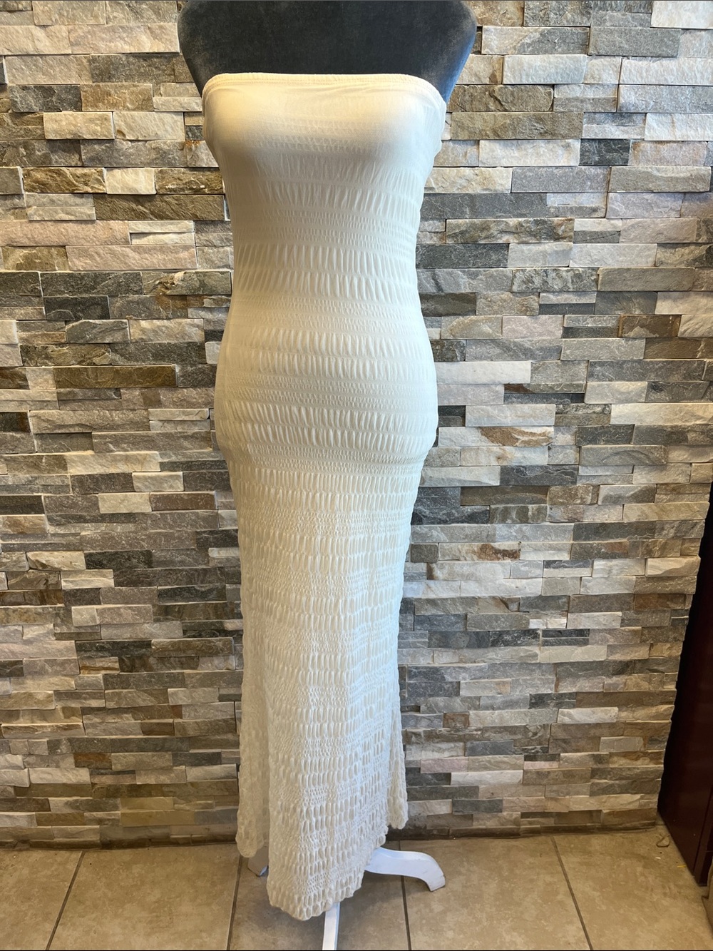 See You Monday Cream Strapless Smocked Maxi Dress